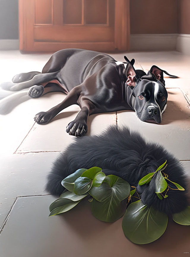 Black Dog Resting on Glossy Tile Floor with Relaxed Pose