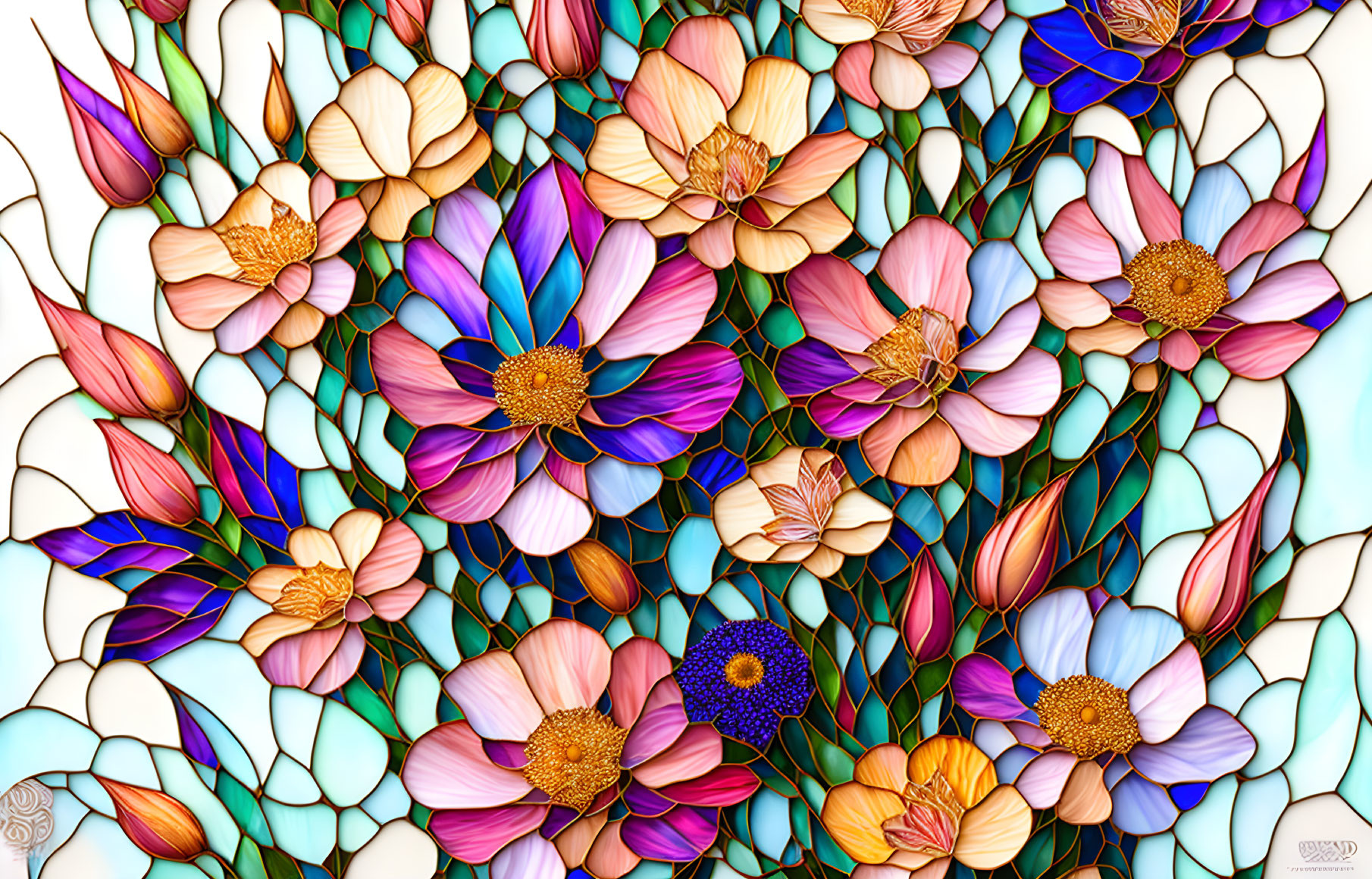 Vibrant stained glass window design with blooming flowers and textured leaves