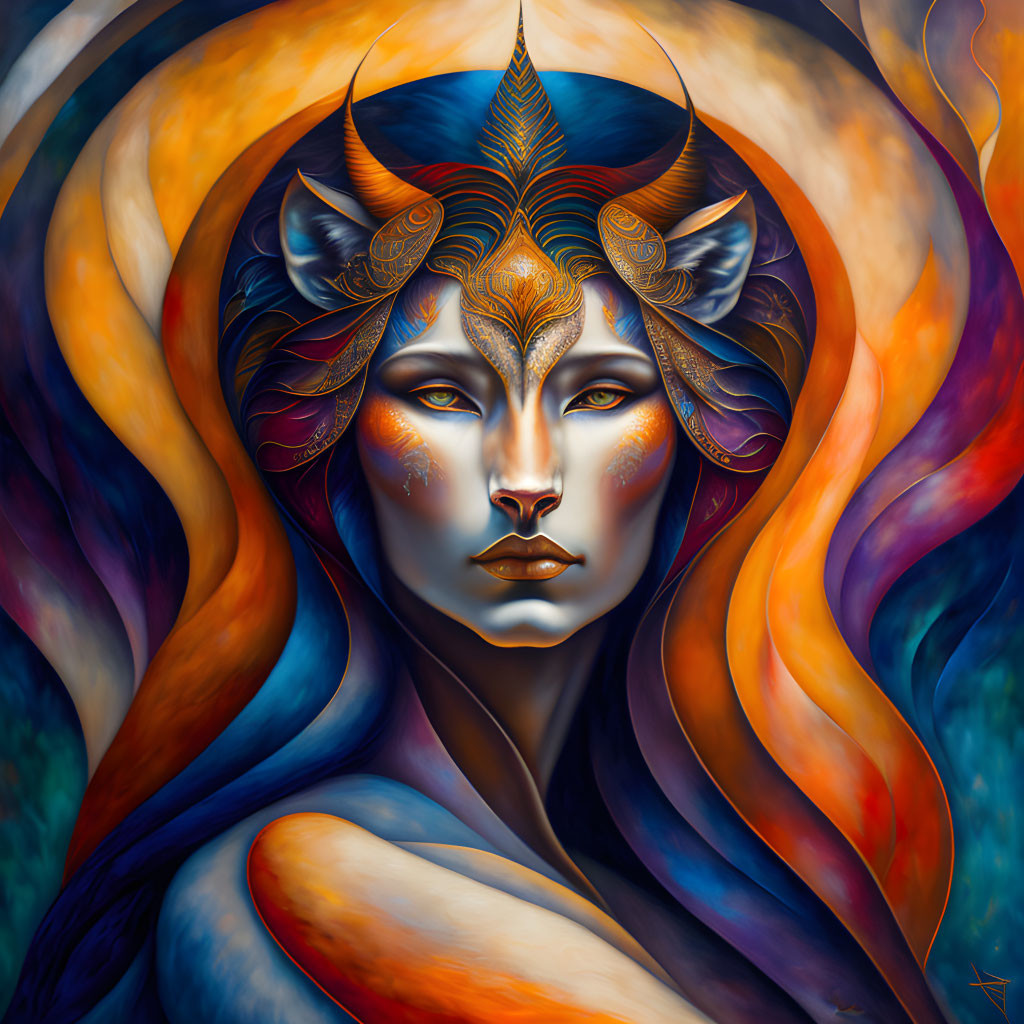 Colorful portrait of mystical figure with cat-like ears and golden facial markings