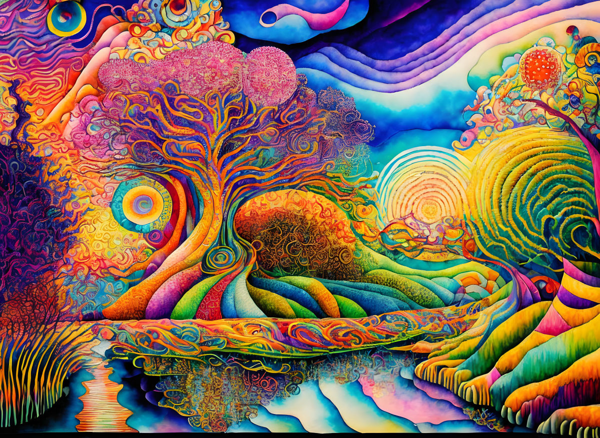 Colorful Tree in Psychedelic Landscape Artwork