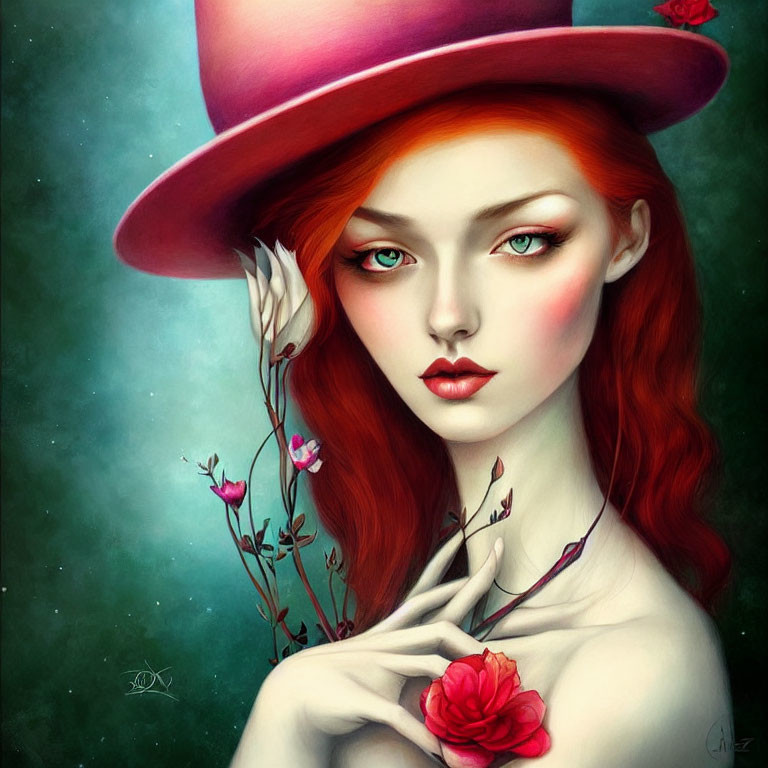 Stylized portrait of woman with red hair and pink top hat among blooming roses