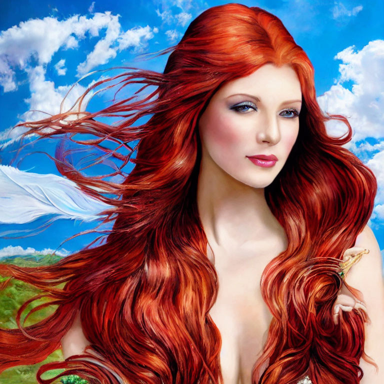 Digital Portrait of Woman with Red Hair and Blue Eyes Against Blue Sky