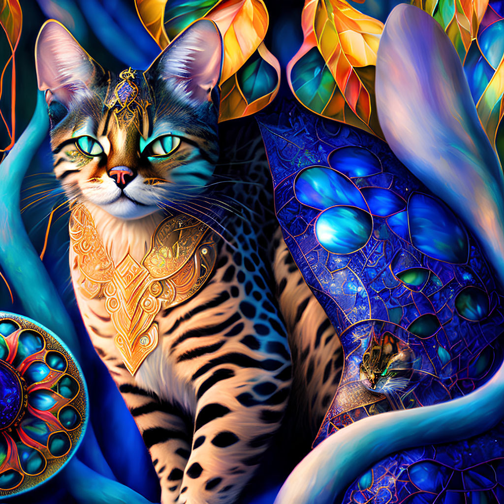 Colorful Digital Art: Ornate Cat with Blue Eyes in Exotic Foliage