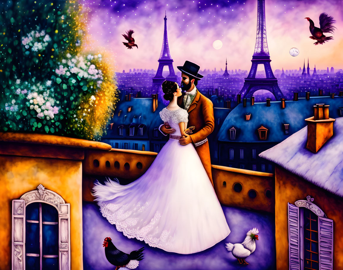 Whimsical painting of couple embracing on Paris rooftop