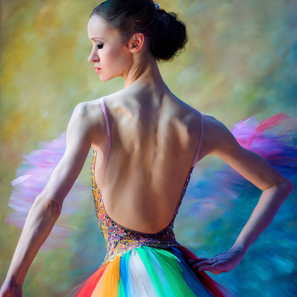 Colorful Tutu and Bejeweled Bodice Ballerina in Strong Posture