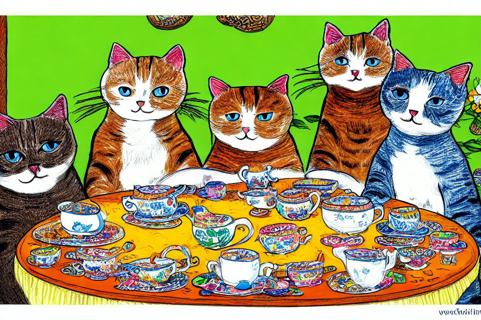 Five Cartoon Cats at Colorful Table with Teacups on Green Background