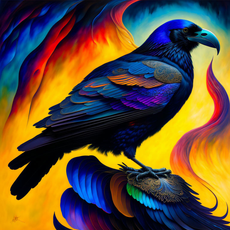 Detailed digital artwork: Blue raven with intricate feathers on fiery abstract backdrop