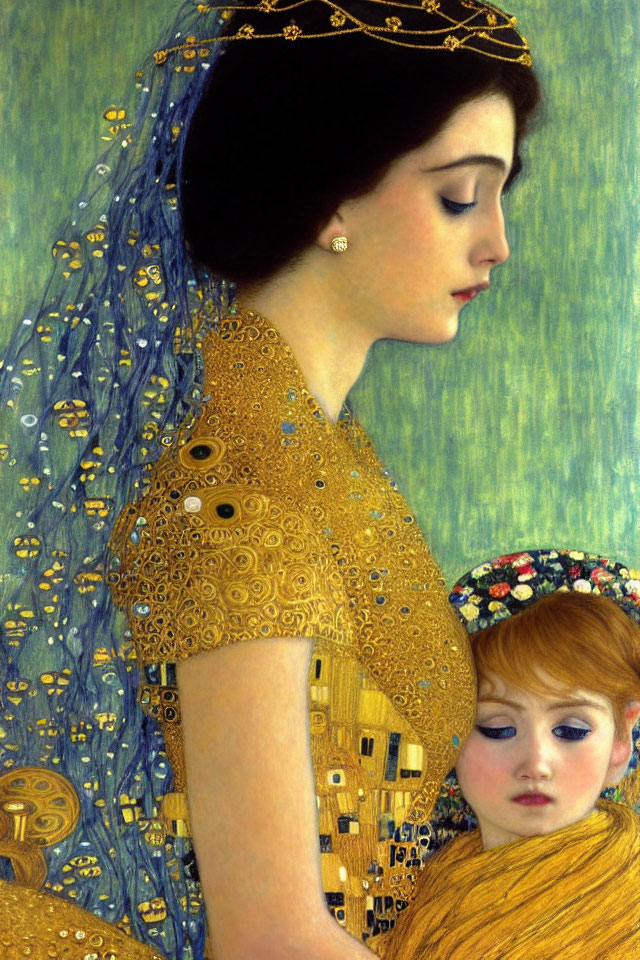 Portrait of Woman and Child in Golden Dress with Blue Veil