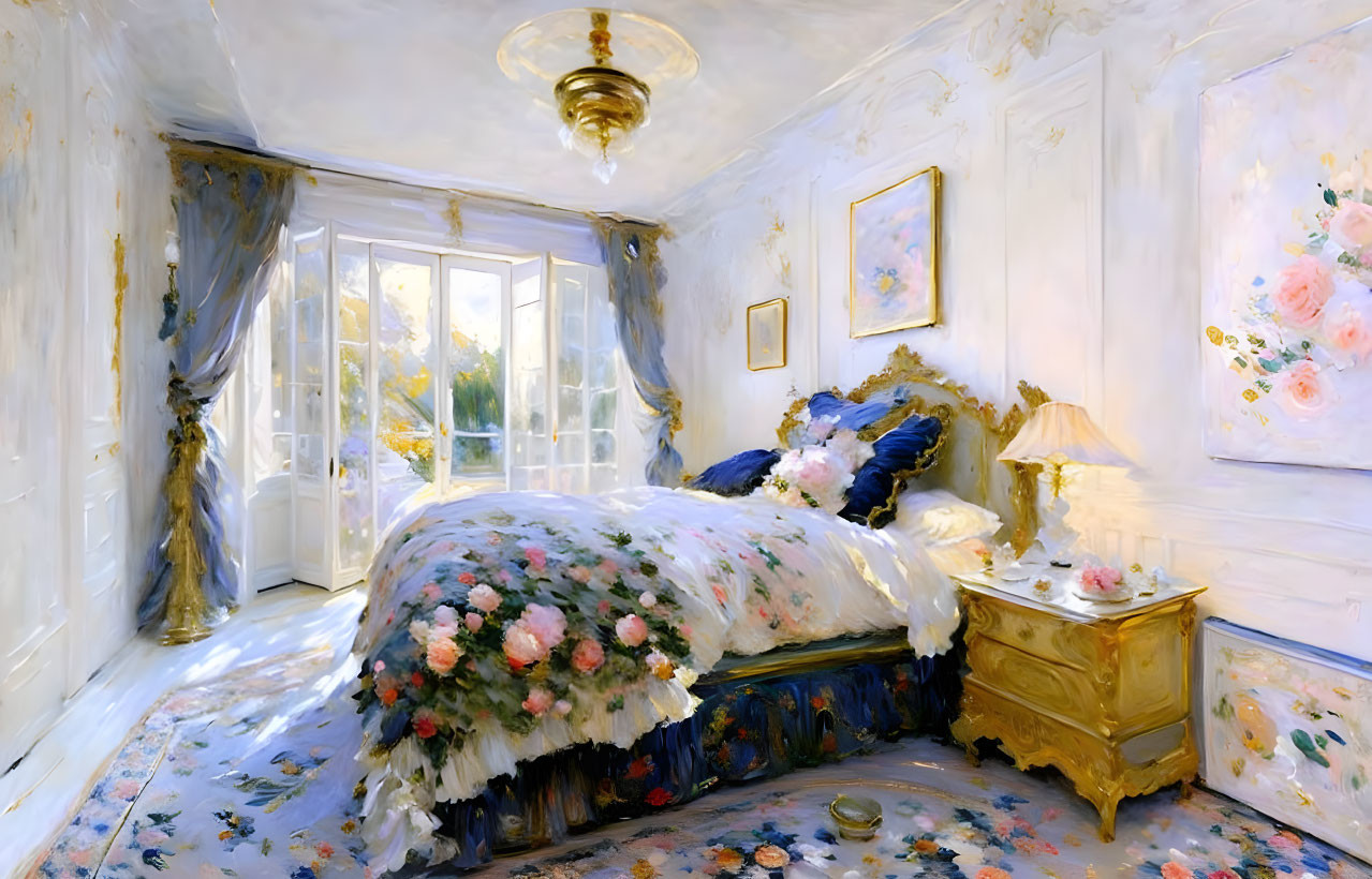 Floral-themed bedroom with flower print duvet, paintings, chandelier, and French doors