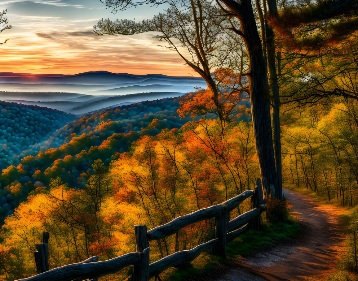 Tranquil autumn sunrise landscape with rolling hills, tree-lined path, wooden fence, and vibrant foliage