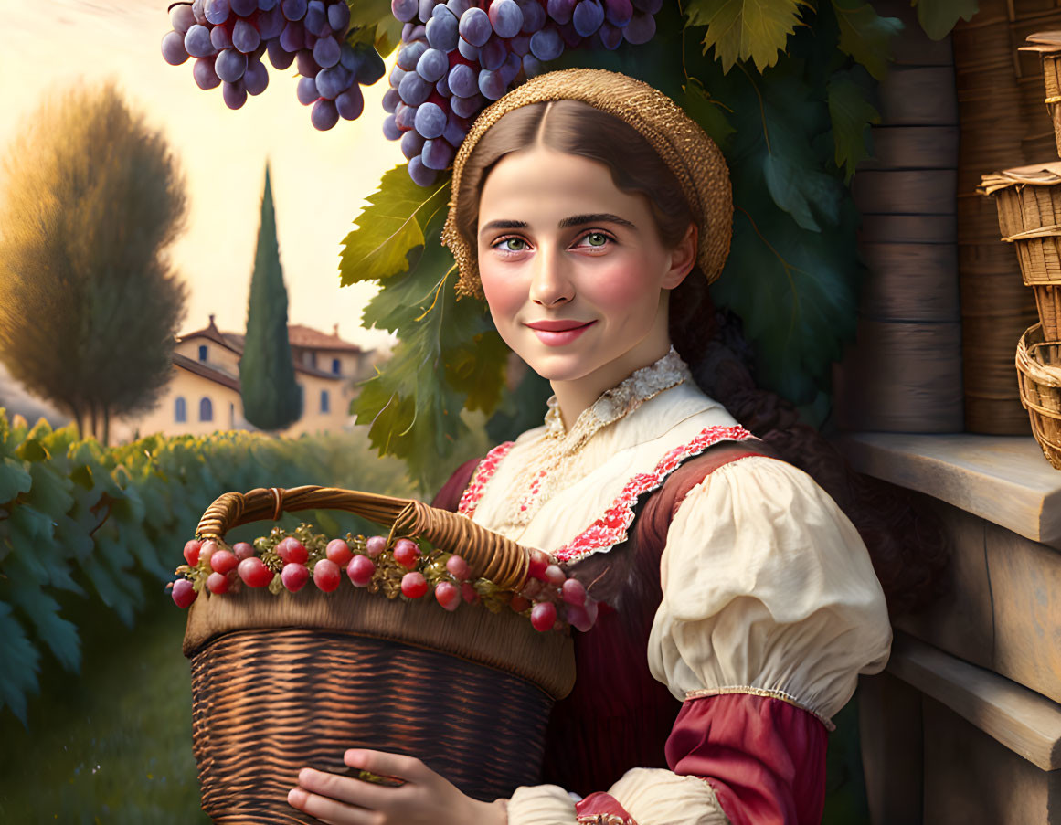 Vintage-dressed woman smiling with grapes in vineyard landscape