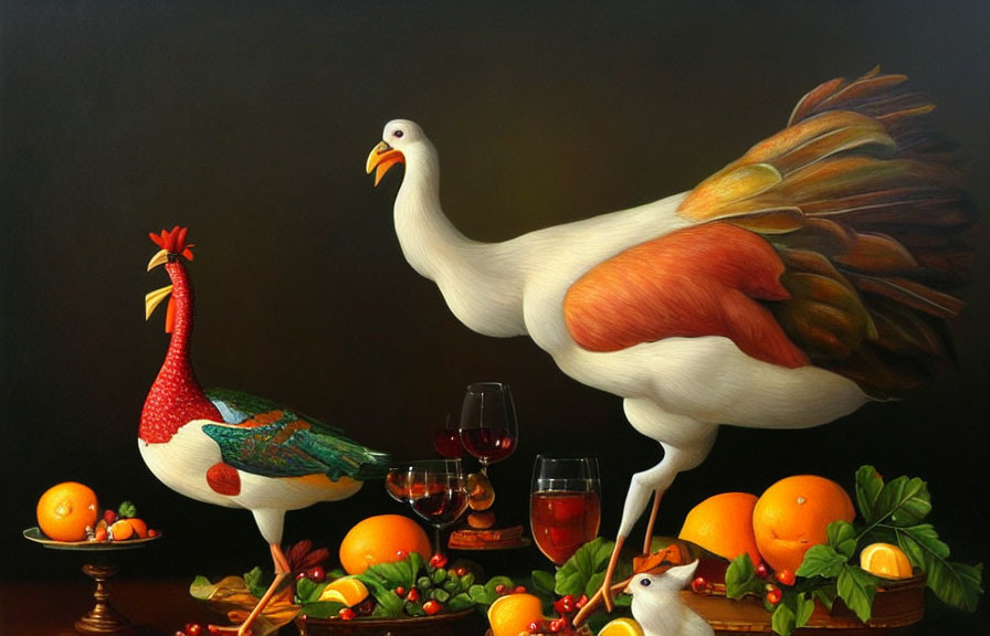 Ceramic roosters, hen, fruits, and wine glasses in still life.