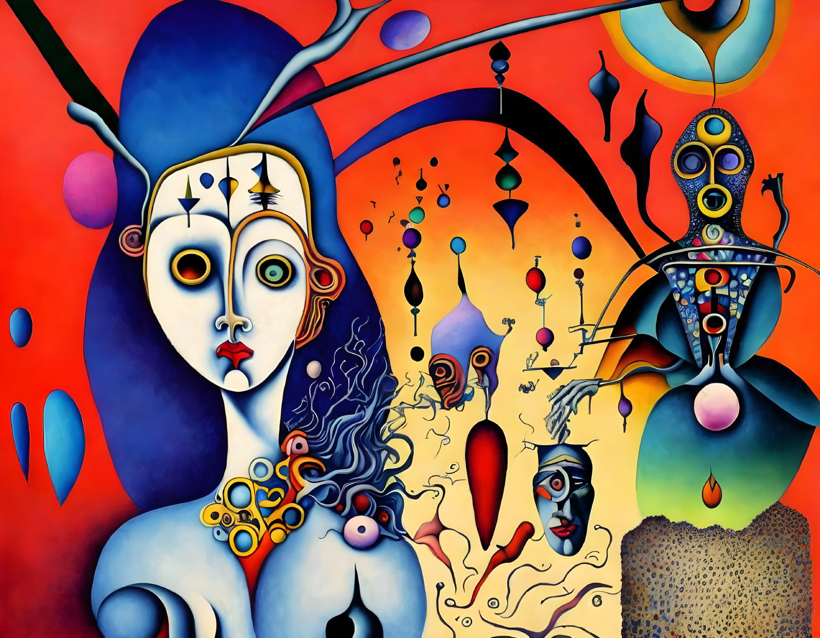 Vibrant Abstract Painting with Surreal Figures and Swirling Patterns