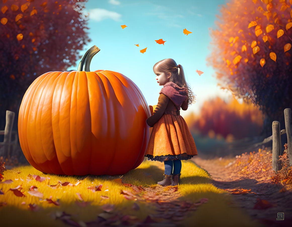 Young girl in dress and sweater by giant pumpkin in autumn scene.