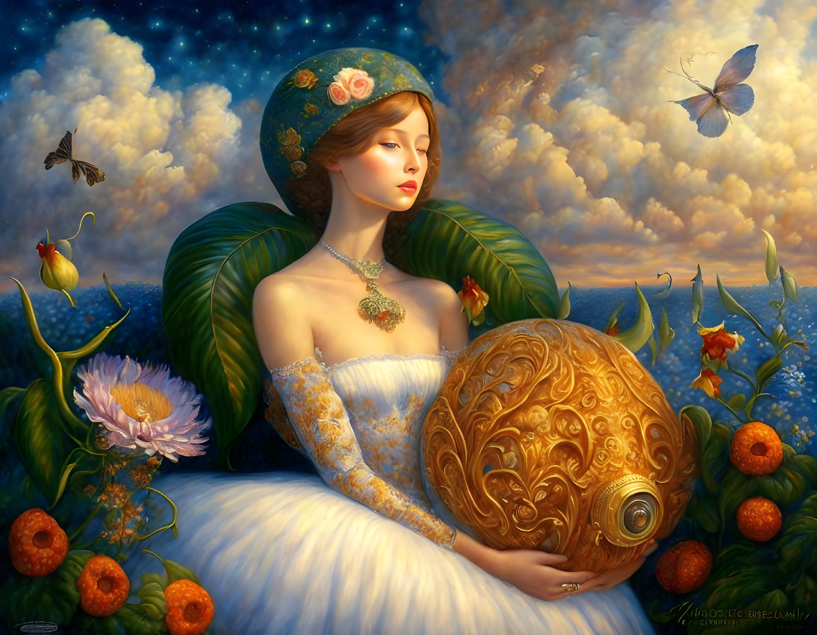 Fantastical painting of woman with celestial hair and butterflies, holding golden sphere