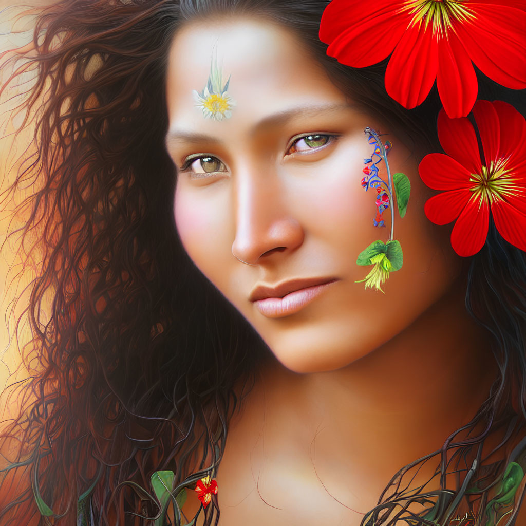 Woman with serene expression and red flowers against warm background