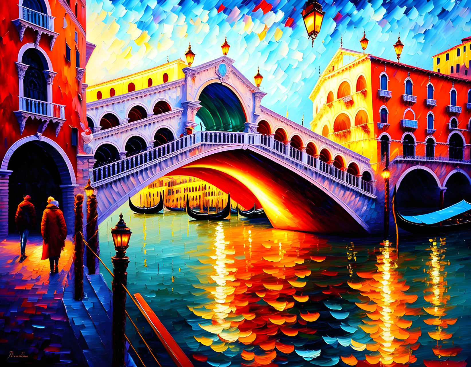 Colorful painting of Rialto Bridge at sunset in Venice