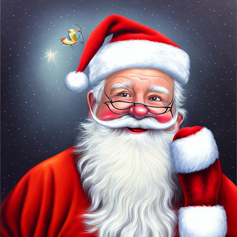 Cheerful Santa Claus with red hat and suit holding glasses, flying reindeer, star background