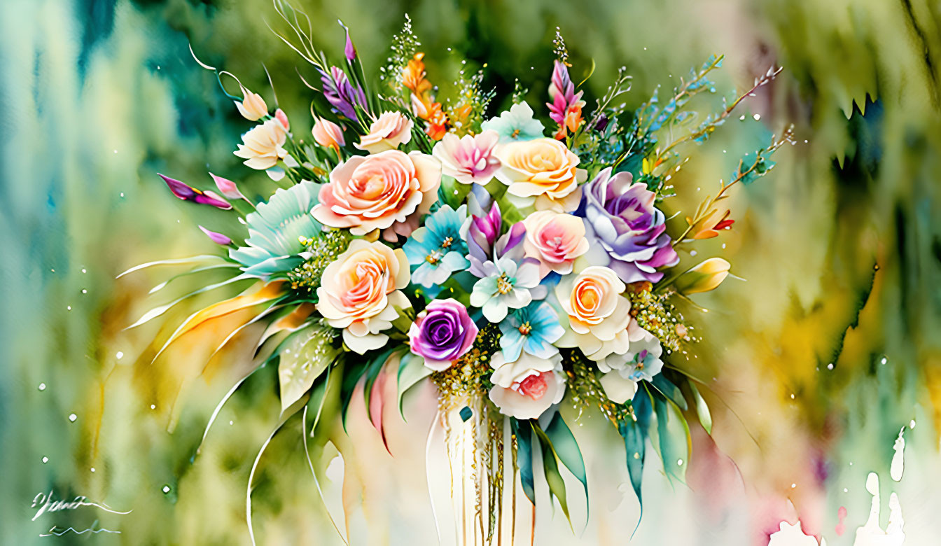 Colorful digital painting of assorted pastel flowers on abstract background