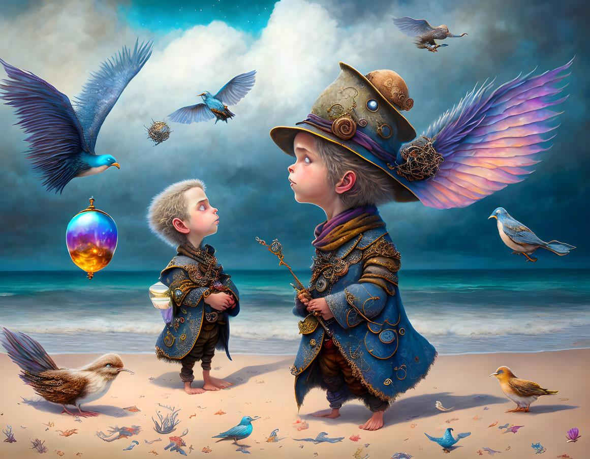 Whimsical children in fantastical outfits on beach with birds and mechanical wings