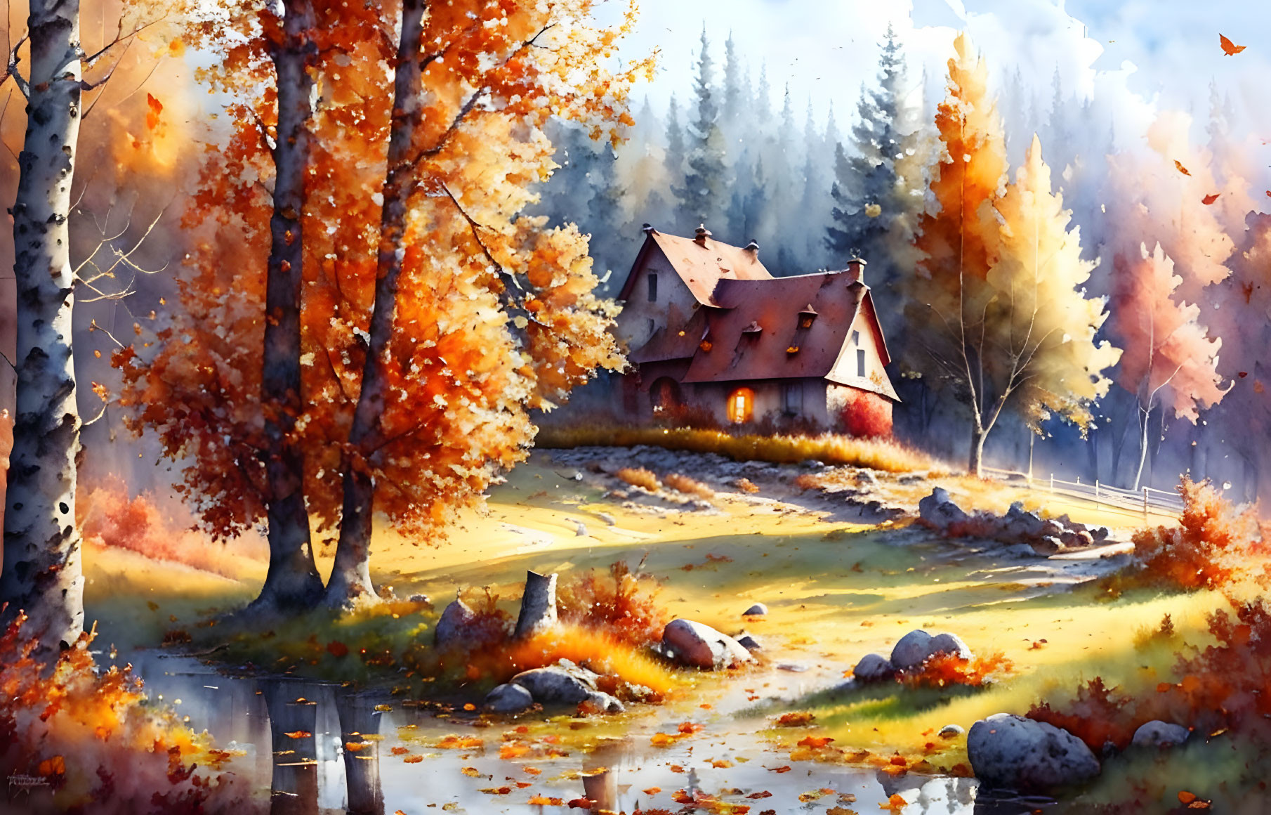 Autumn landscape with cozy house, vibrant trees, leaves, and serene water.