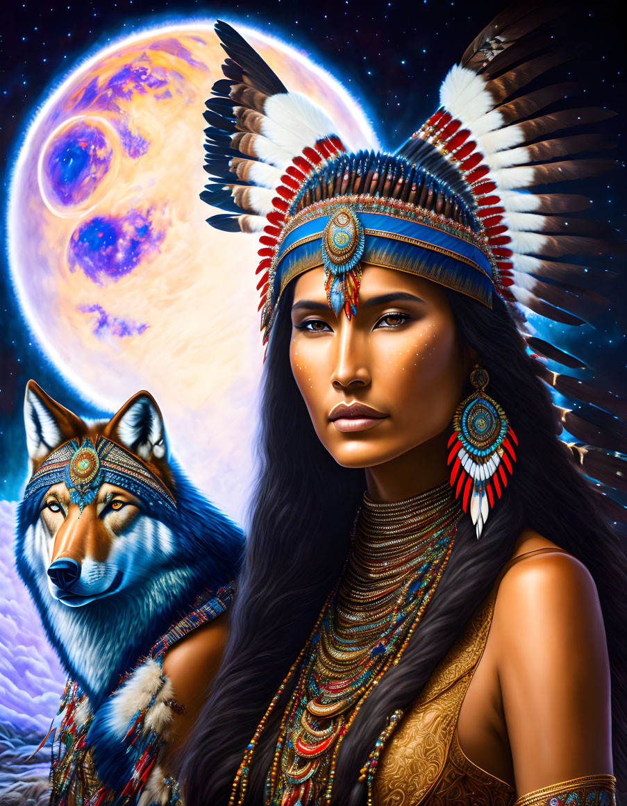 Illustrated portrait of woman with Native American headdress and wolf under vibrant moon.