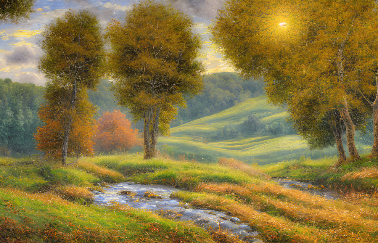 Tranquil autumn landscape with babbling brook and yellowing trees