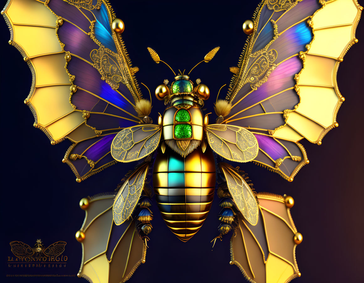 Intricate Mechanical Bee with Gold and Purple Wings