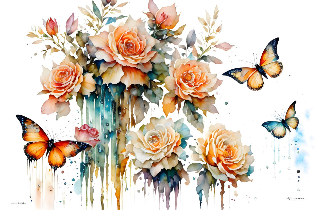 Vibrant roses and butterflies in watercolor painting