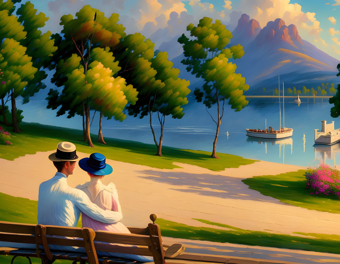 Vintage-dressed couple on bench by serene lake with boats and mountains
