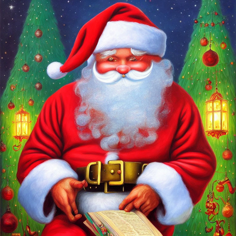 Santa Claus with white beard in red suit holding list, trees and lanterns in background