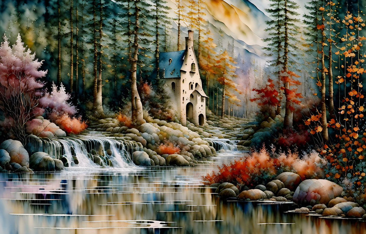 Stone tower, autumn trees, waterfall, serene river in idyllic scene