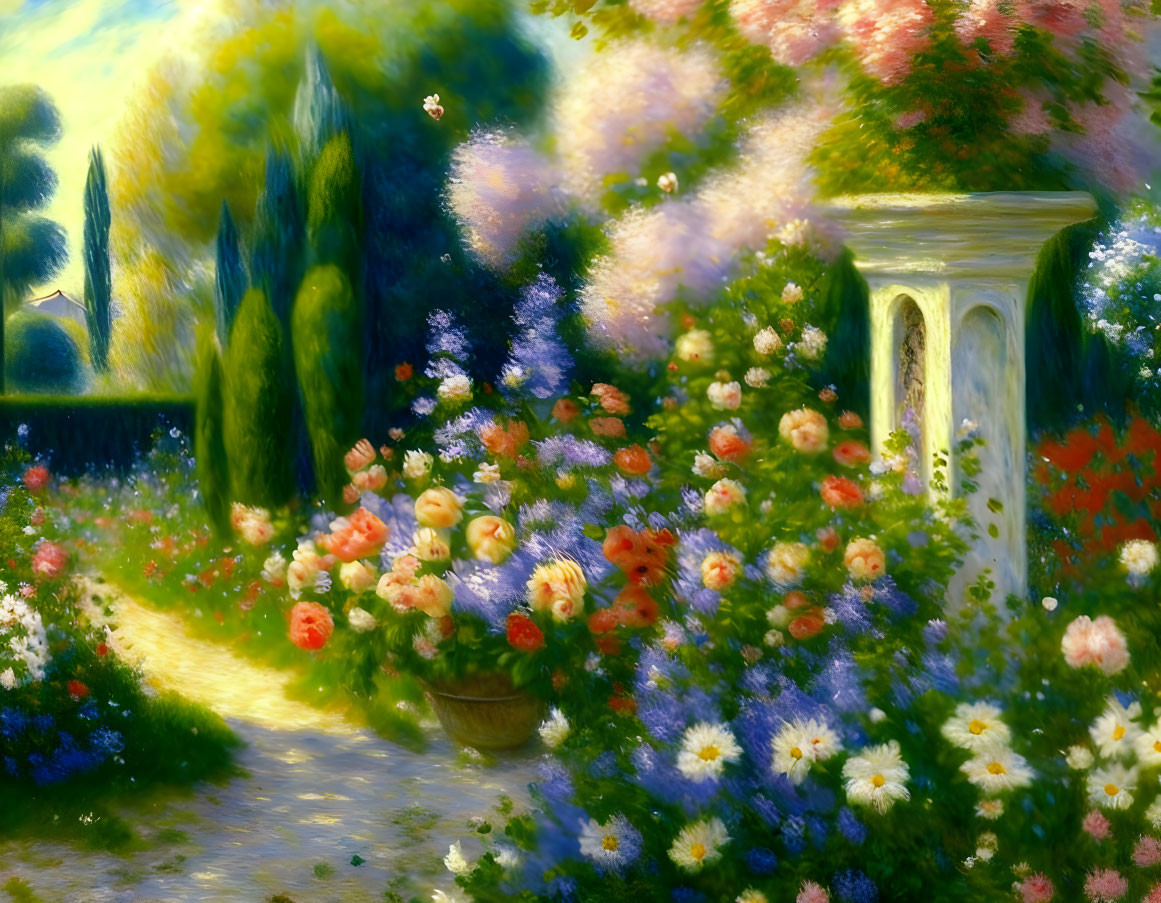 Colorful Garden Painting with Lush Foliage and Classic White Pillar