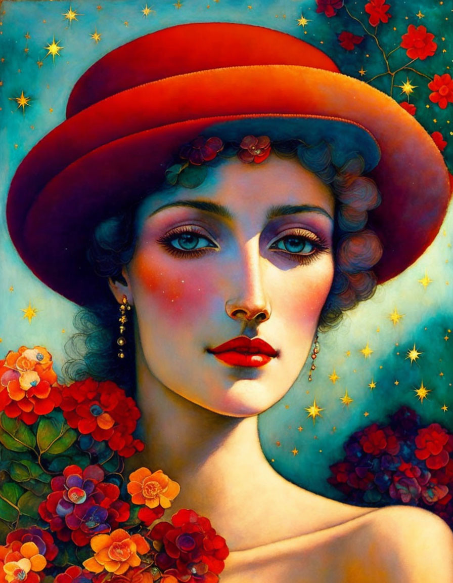 Colorful portrait of woman with striking eyes in red floral hat against starry backdrop