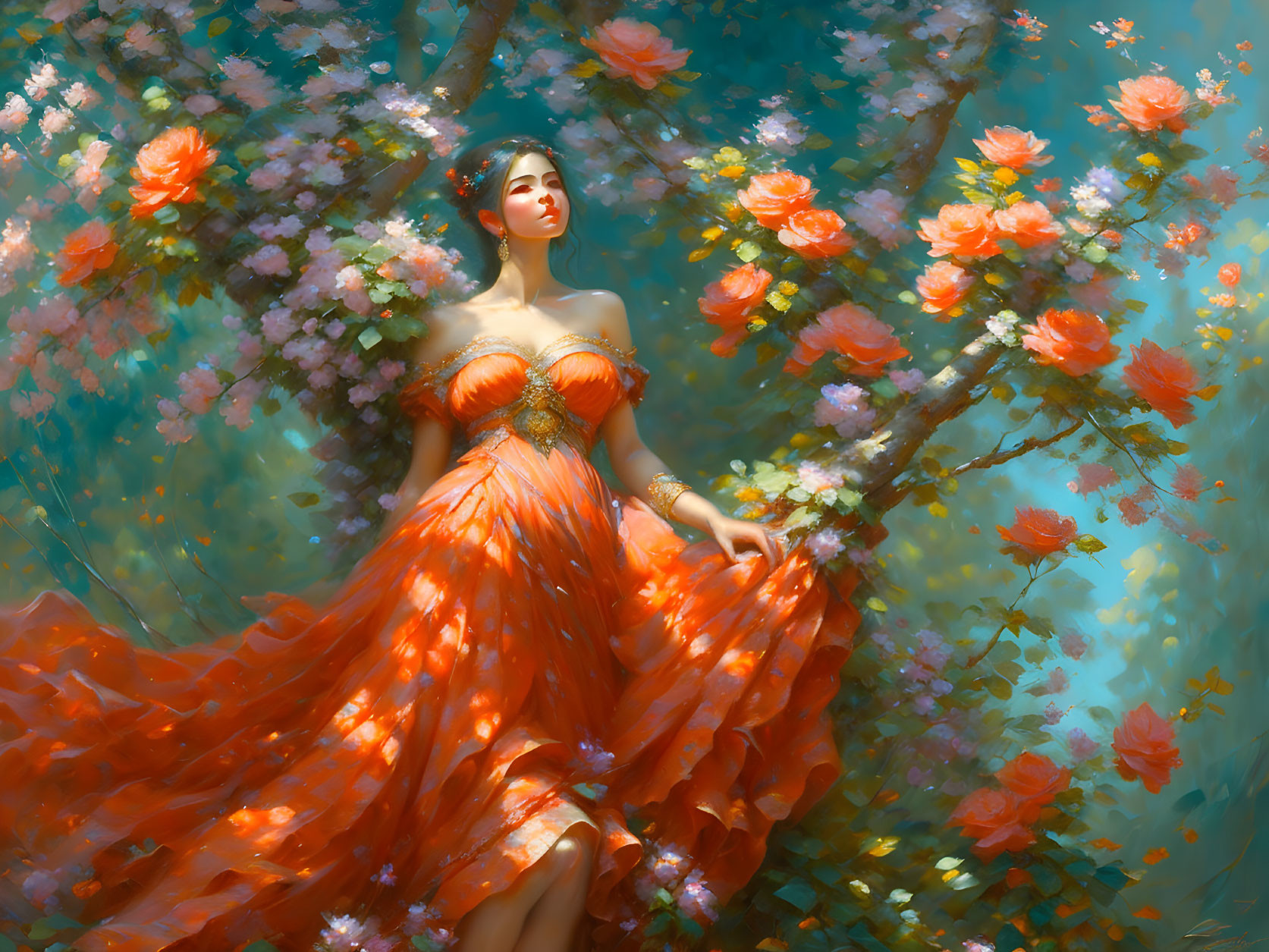 Woman in flowing orange dress surrounded by blooming pink flowers in dreamy woodland scene