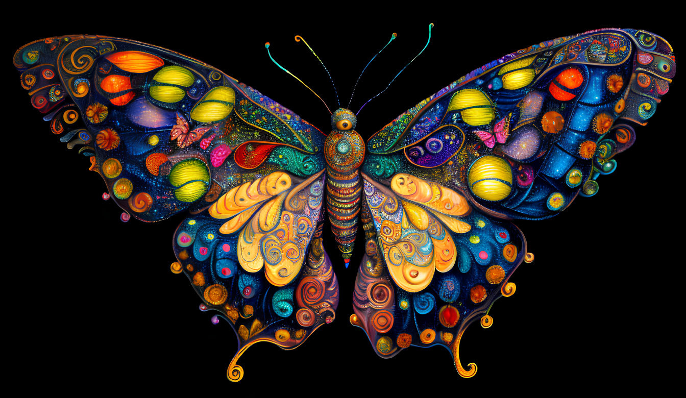 Colorful Stylized Butterfly with Celestial Motifs on Black Background