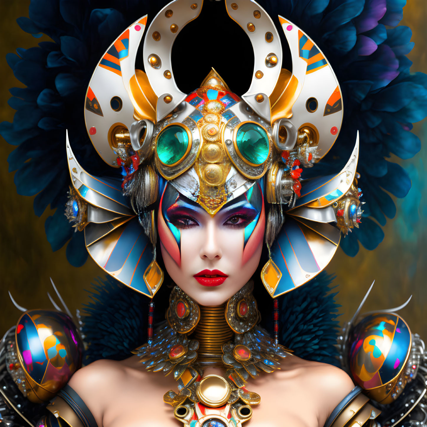 Elaborate Golden Headdress with Feathers and Bold Makeup