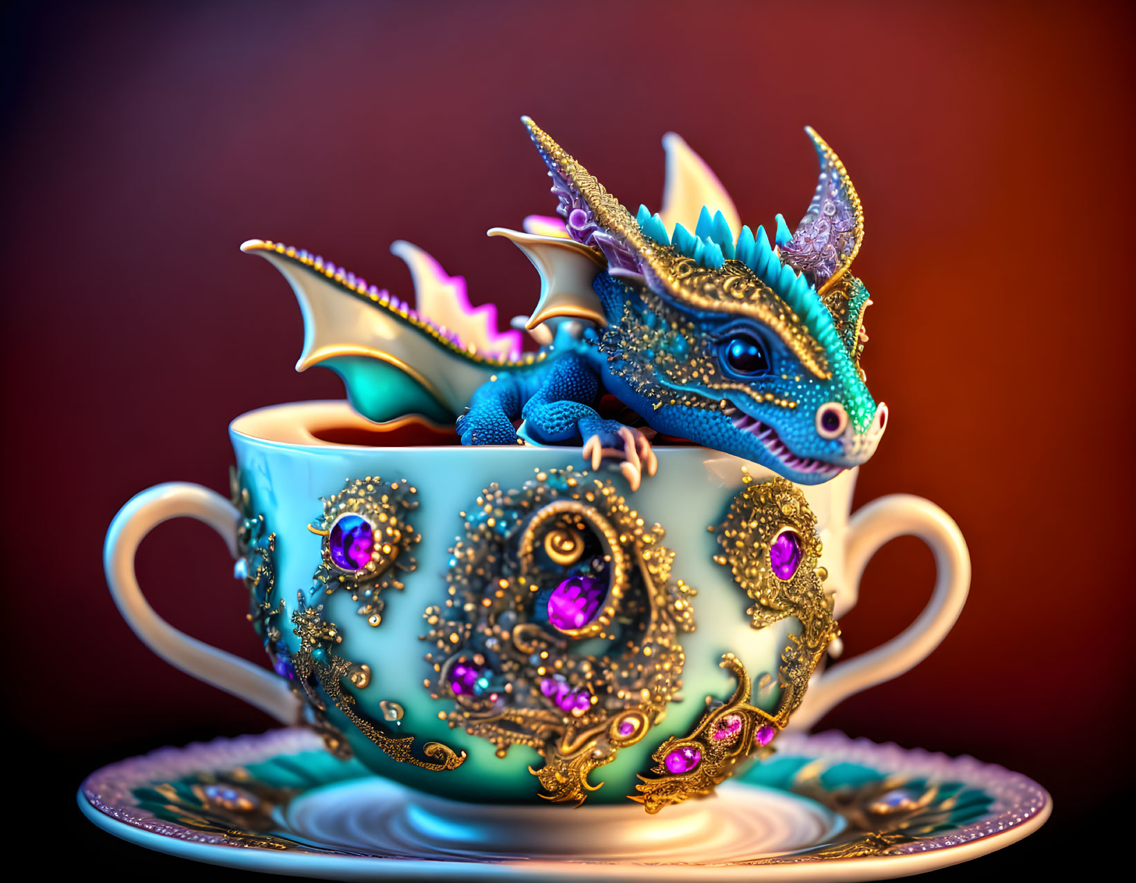 Detailed Blue Dragon in Ornate Teacup with Golden Embellishments