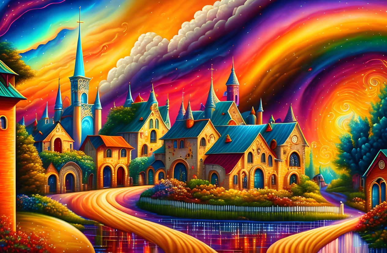 Colorful Fantasy Landscape with Whimsical Village and Castle Structure