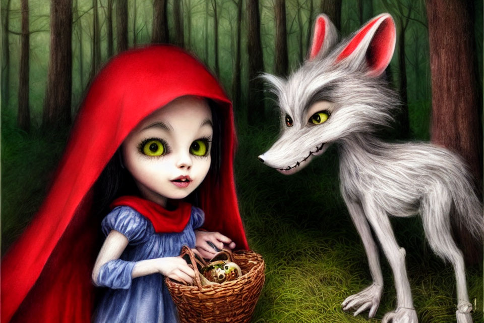 Illustration of Little Red Riding Hood with grinning wolf in eerie forest