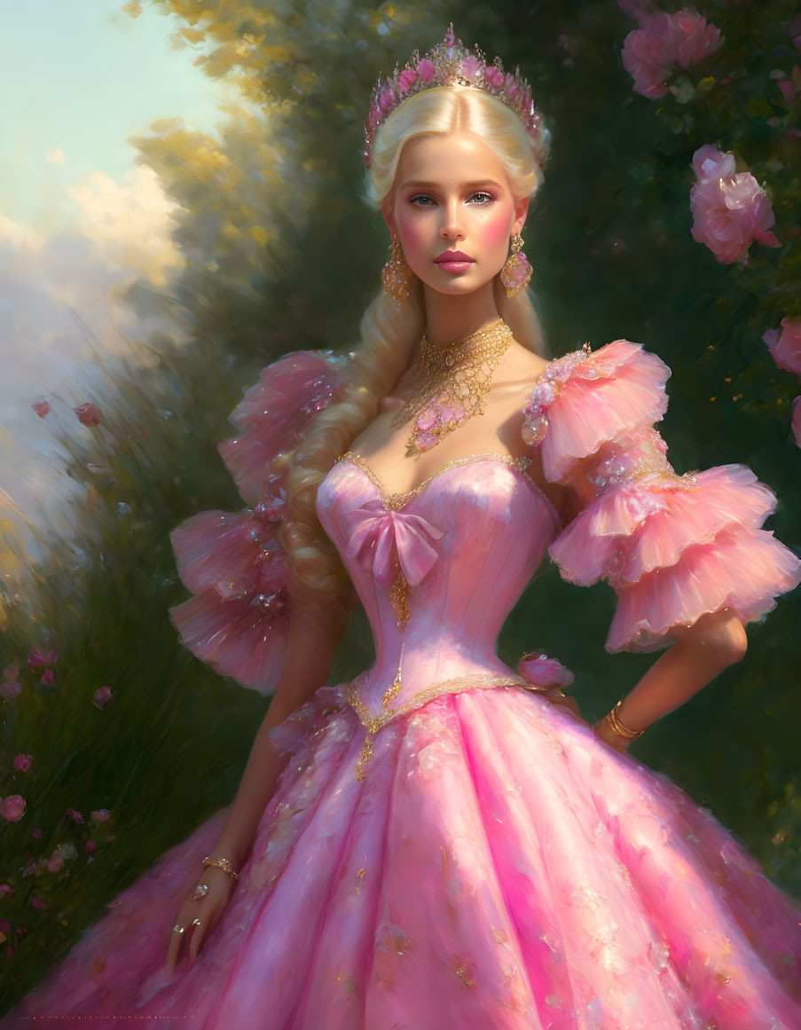 Woman in Pink Gown with Golden Accents Among Blossoms