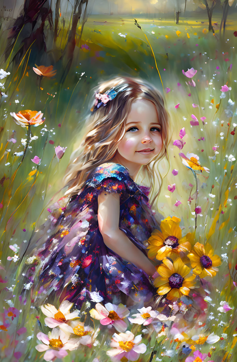 Young girl in floral dress smiling in vibrant meadow with sunlight.