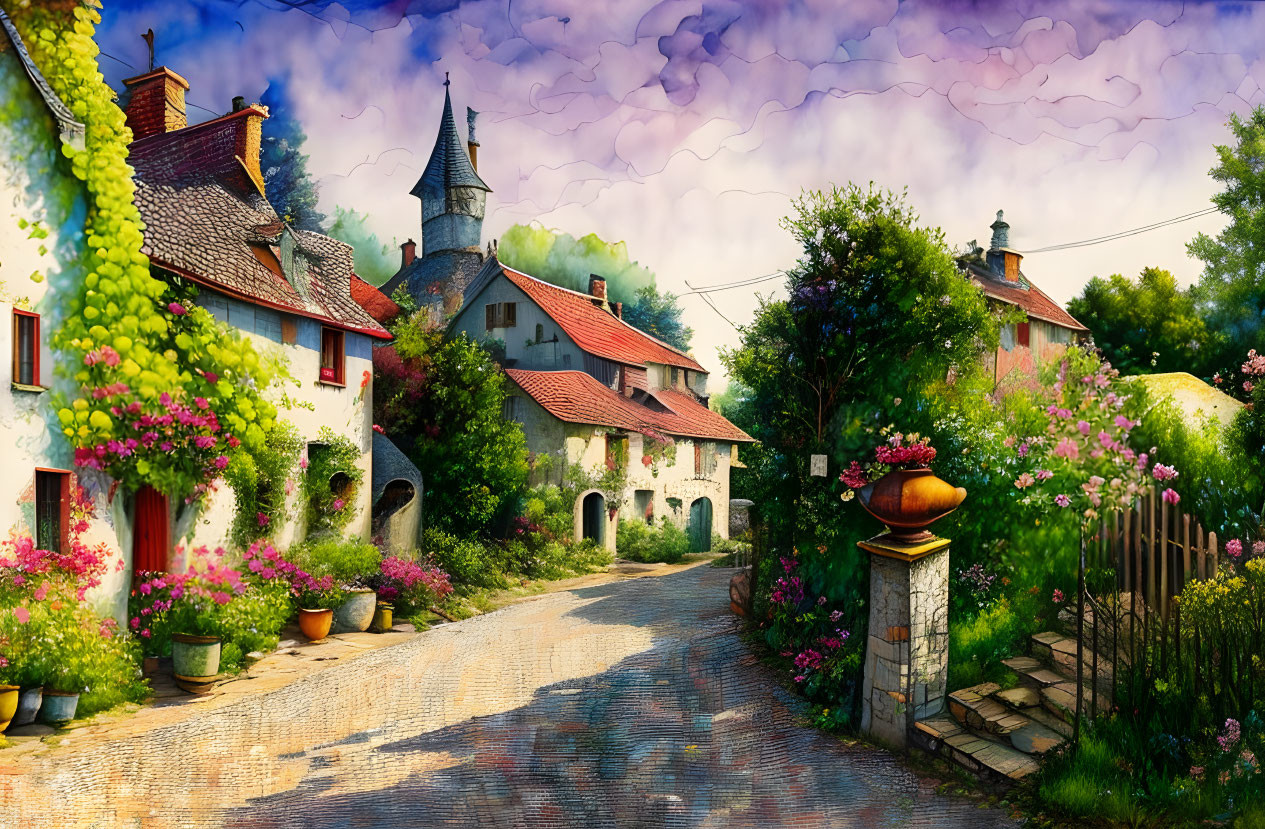 Charming village street with cobblestones, vibrant flowers, and quaint houses