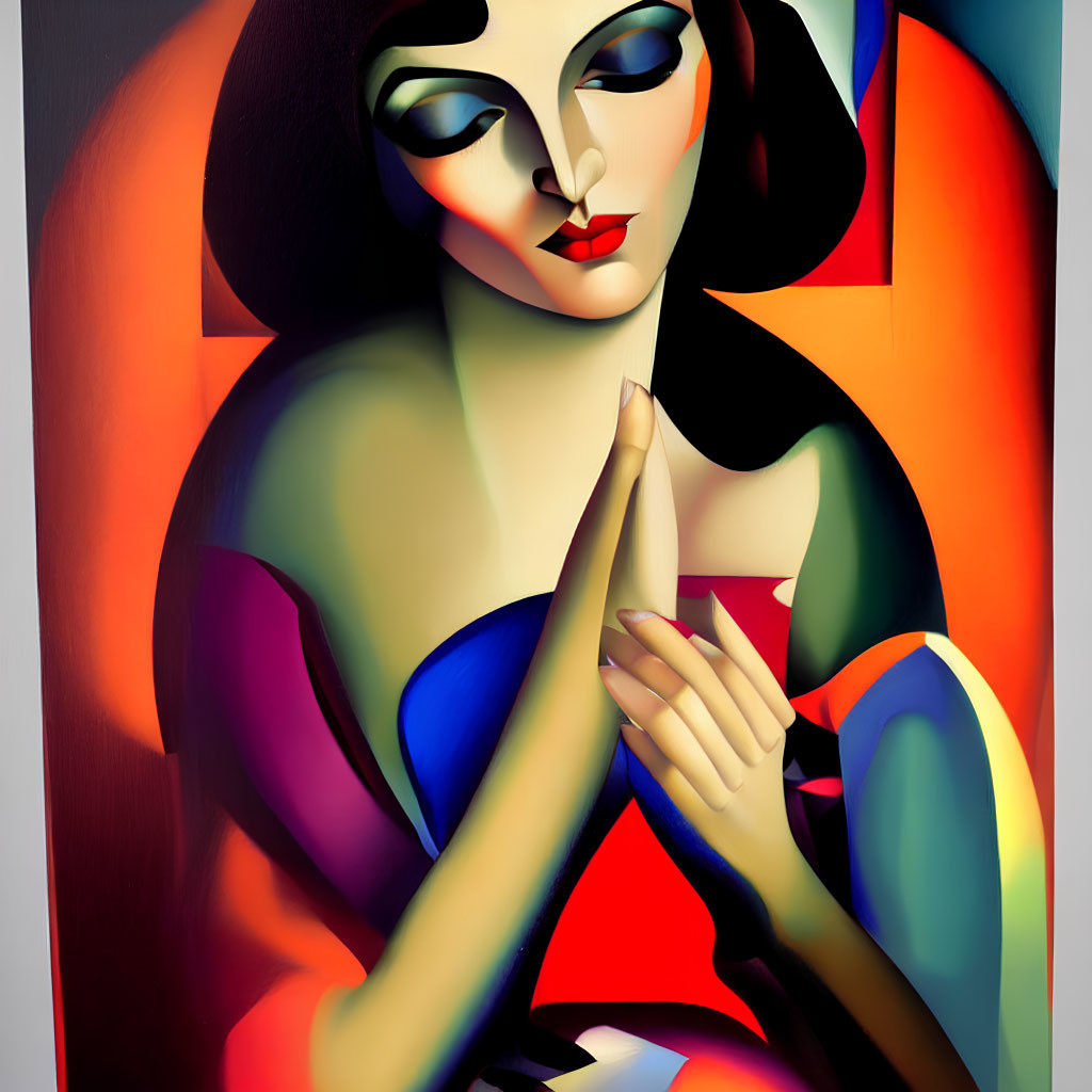 Vivid abstract painting of woman with geometric forms in red and blue