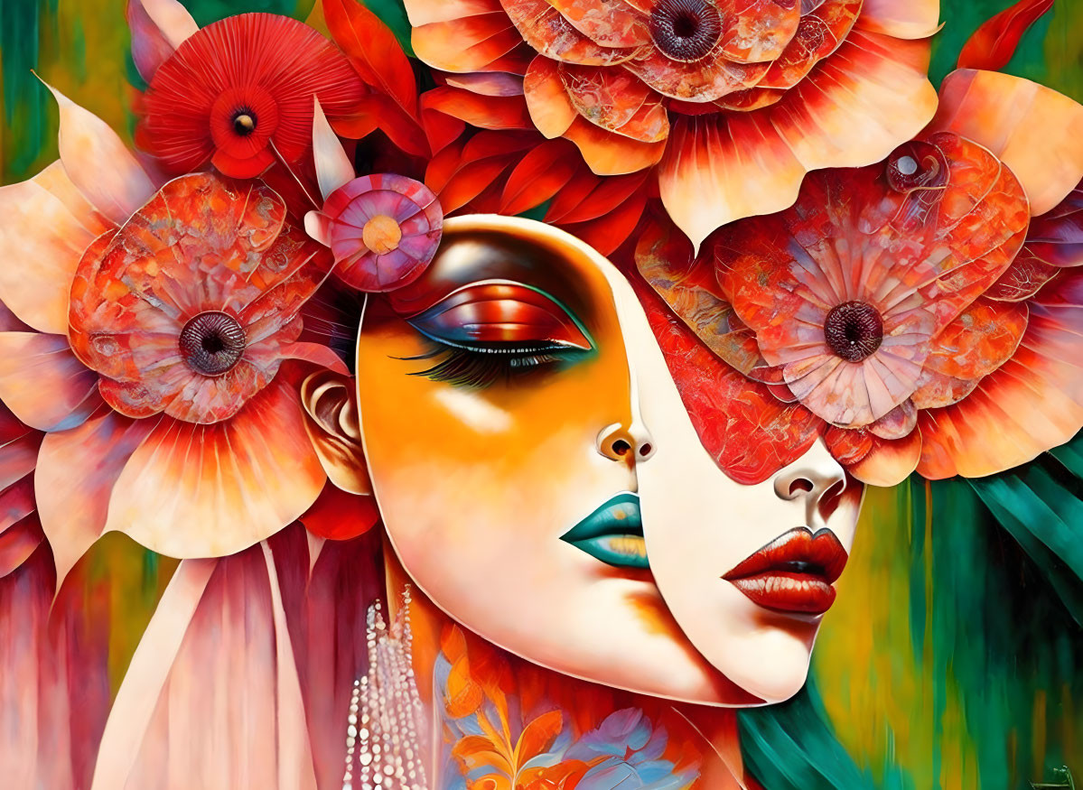 Vibrant surreal portrait featuring woman with red poppy hair.
