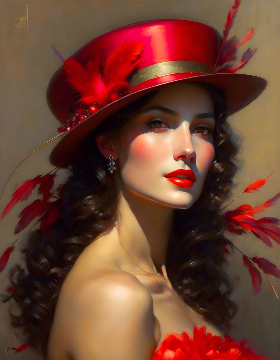 Sophisticated woman with wavy hair in red hat and feathered attire