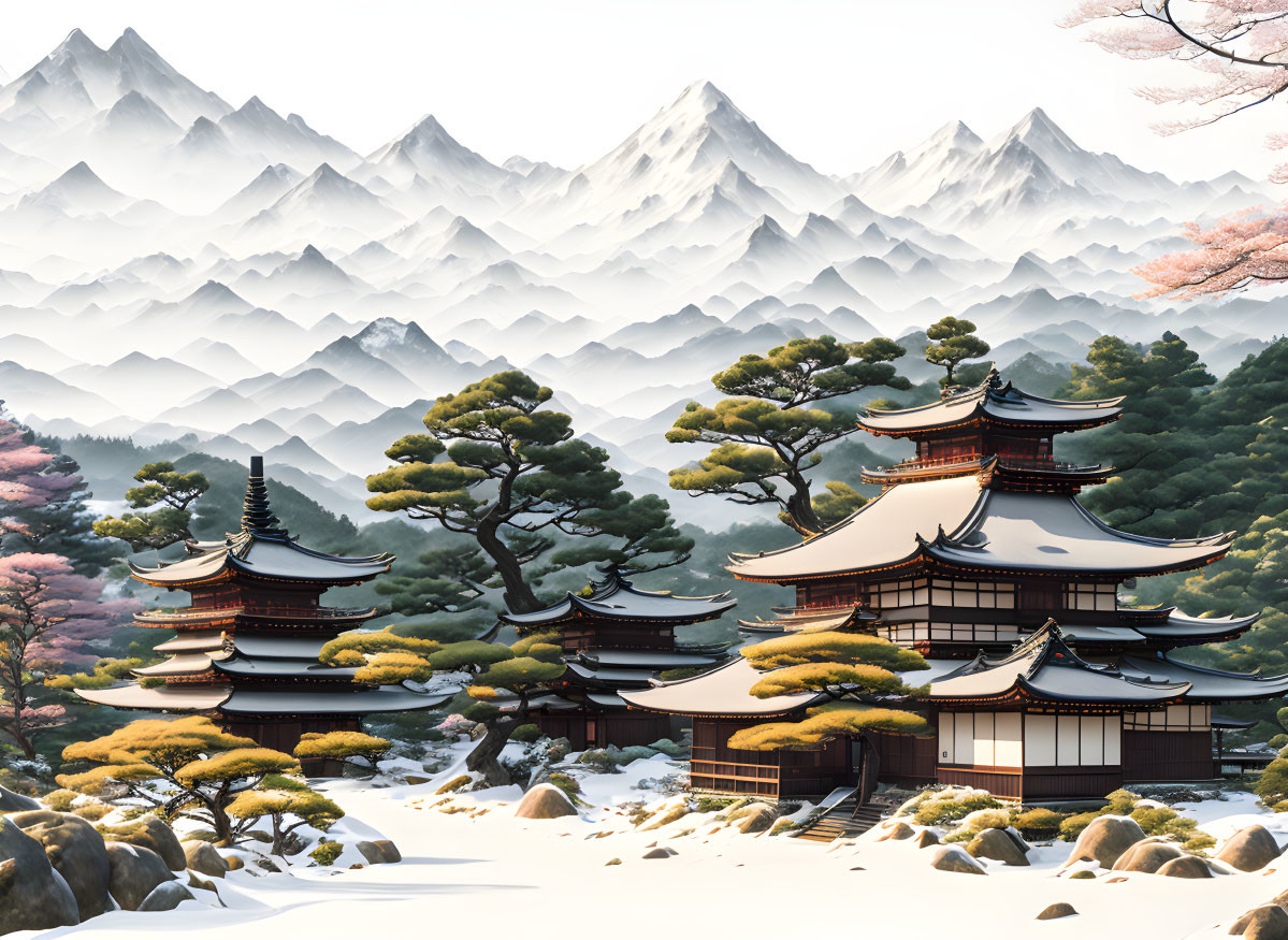 Japanese Pagodas in Snowy Landscape with Misty Mountains