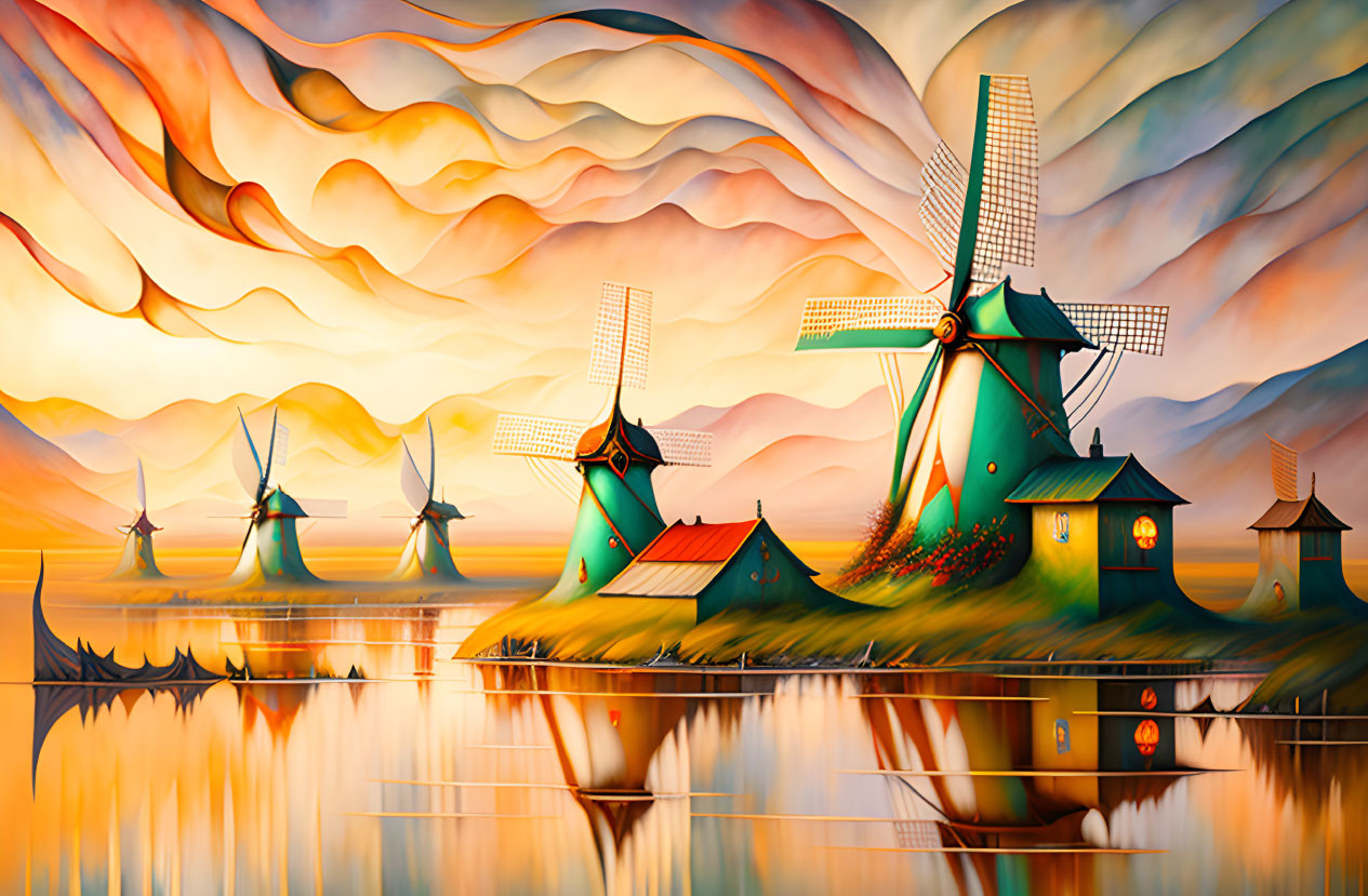 Colorful painting of windmills by serene water & swirling skies