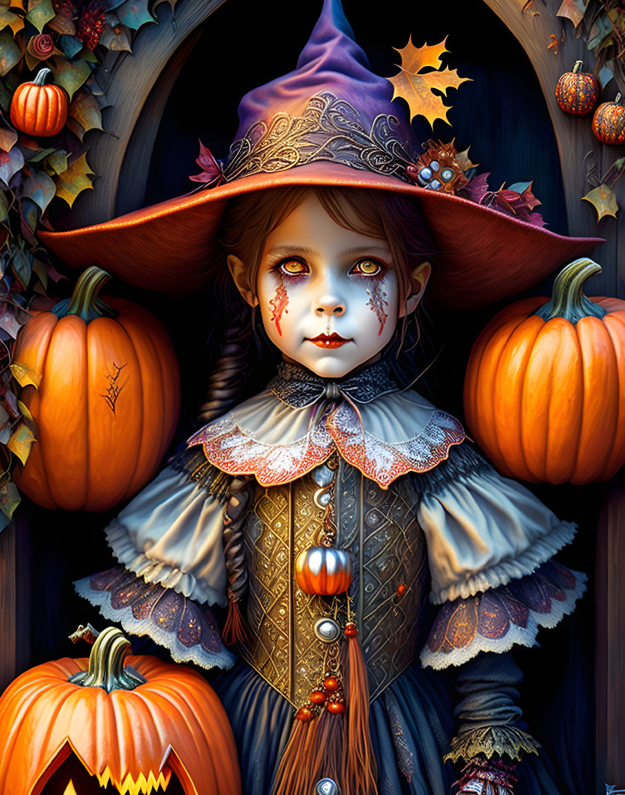 Young girl in witch costume with purple hat, pumpkins, autumn leaves, tear-like face paint -