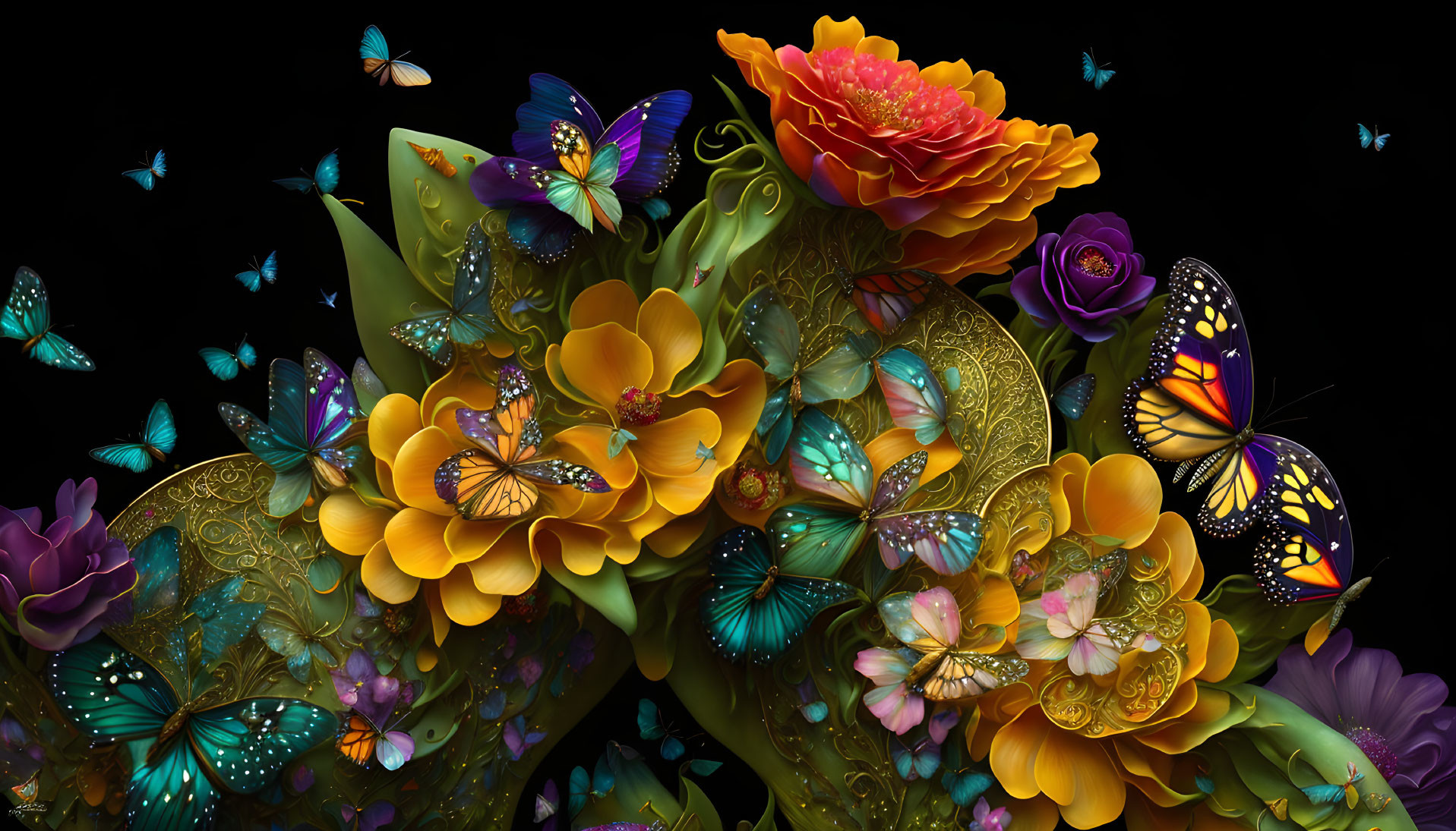 Colorful Flowers and Butterflies Artwork on Dark Background